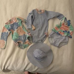 RuffleButts Three Swimsuit Set Plus Hat - 18-24M - GUC